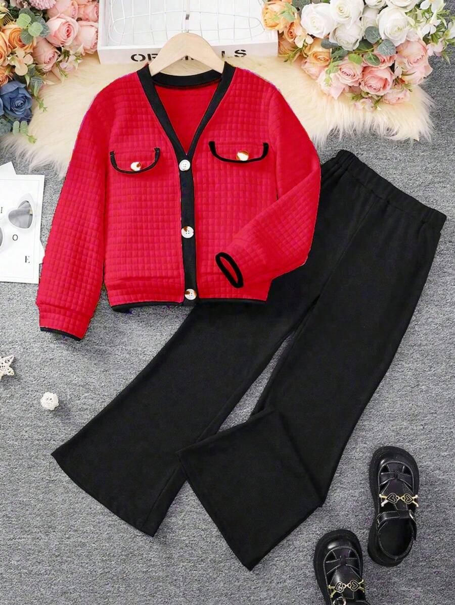 SHEIN 2 件套青少年女孩优雅休闲撞色边饰仿口袋夹克和喇叭裤 - 紅色 - 查看 1