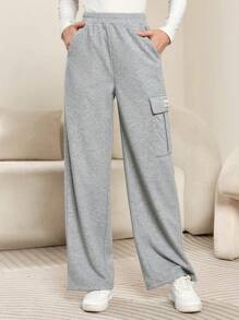 Mulvari 女士休闲字母印花工装口袋直筒宽松裤 - 灰色 - 查看 8