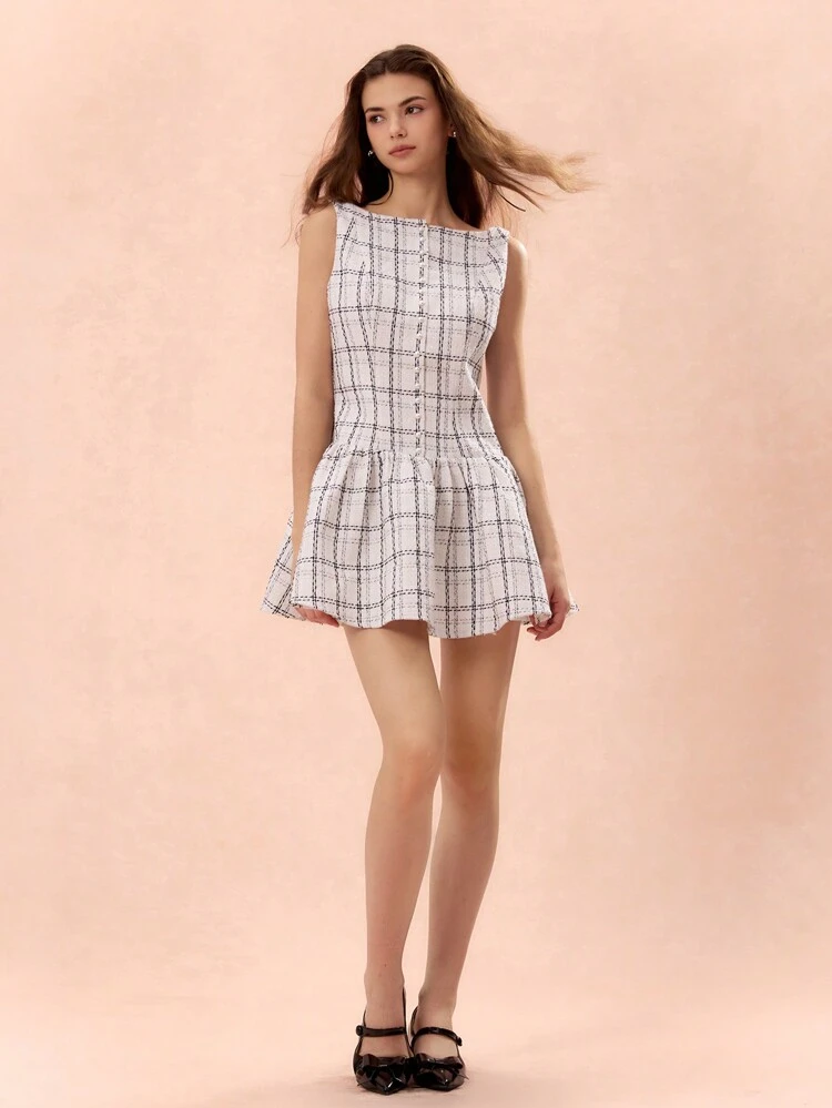 Autumn/Winter Romantic Women's Elegant White Plaid Exquisite Pearl Decor Sleeveless Girly Fitted Mini Tweed Dress, Fall Women Dresses