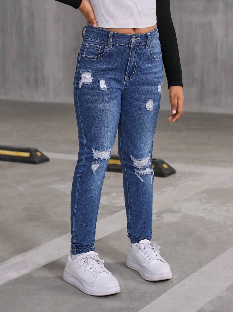 Sparklyn Jeans de mezclilla desgastados y elásticos con estilo Y2K, adecuados para uso diario para niña preadolescente - Azul lavado medio - Añade 3