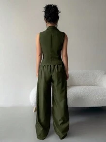 Siren Gaze 两件套秋季服装 2 件套女士纯色无袖上衣和裤子秋季衣服 - 軍綠色 - 查看 2