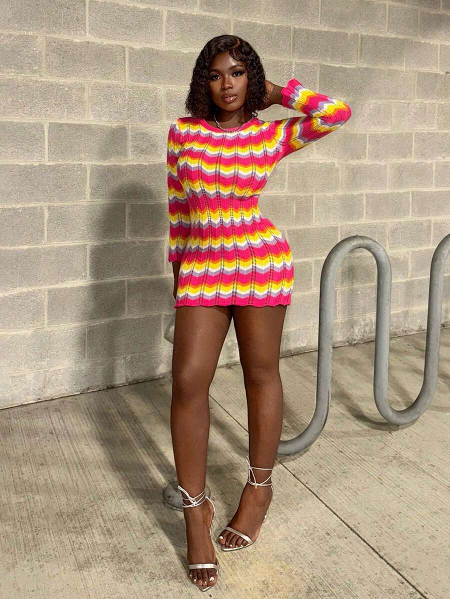 Zolique New Multicolor Contrast Color Sexy Bodycon Round Neck Long Sleeve Ruffle Hem Striped Sweater Dress Fall Cloth For Women - Multicolor - View 1