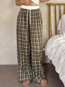 DAZY 宽松拼布格子印花抽绳裤家居服 - 卡其色 - 查看 7