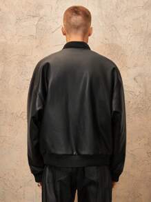 ROMWE MEN Street Life Men's Plain Color PU Leather Baseball Jacket, Casual, Autumn - Black - View 3