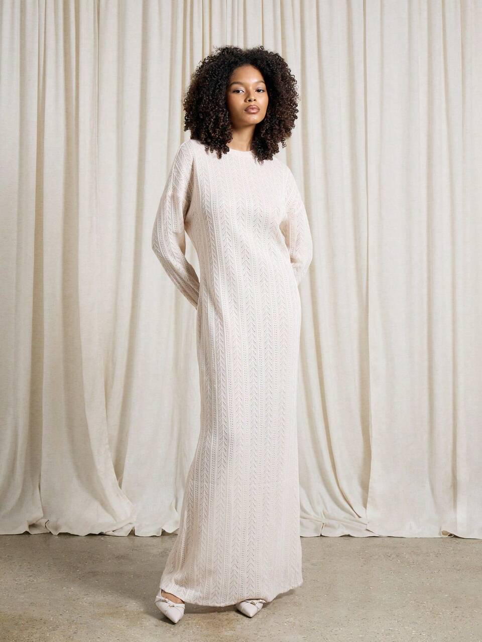 AiiRZ Sheer Light Knit Full Sleeve Drop Shoulder Drape Maxi Dress