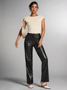 SHEIN BAE 女士黑色纯色百搭外出/高街时尚/演唱会服装/狂欢派对鳄鱼纹 PU 不对称腰部直筒裤/嬉皮士服装/裤子/黑色裤子 - 黑色 - 查看 5