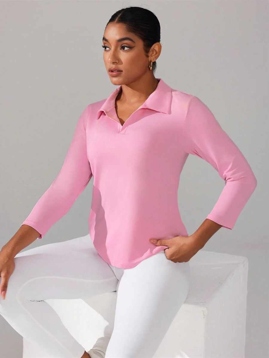 SHEIN Dewbera Polo da donna in colore unito con maniche a 3/4, casual, sportiva e da fitness - nero - Visualizzare 1