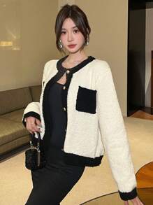 DAZY Áo khoác cardigan nữ cổ tròn tay dài có túi màu khối, quần áo nữ mùa thu - trắng - Xem 8