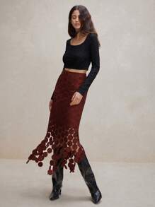 Anewsta Laser Cut Multi Circle Double Layered Skirt For New Year - Red - View 3