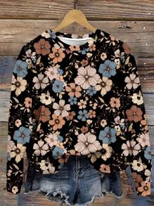 SHEIN LUNE Casual Oversized Black Floral Print Crew Neck Long Sleeve Sweatshirt For Women, Suitable For Autumn