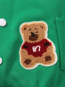 SHEIN Áo khoác bóng chày thêu hình gấu màu tương phản cho bé trai - Màu xanh lá cây đậm - Xem 5