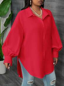 Slaydiva 宽松纯色白色灯笼袖女式长衬衫，弧形下摆，适合办公室、休闲、派对和日常穿着，加大码，春秋季 - 紅色 - 查看 4