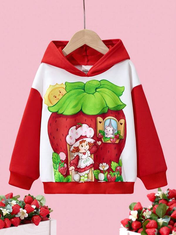 Strawberry Shortcake X SHEIN Jeune fille sweat-shirt à capuche décontracté avec impression de Fraise Melba de dessin animé, pour Noël