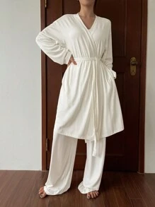 DAZY Minimalist Soft Loungewear Set: Straight Leg Pants & Belted Robe, Fall Winter Clothes Pajama - White - View 3