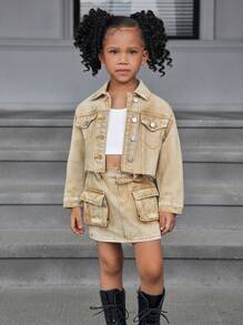 SHEIN 2 件套年轻女孩卡其色牛仔领长袖夹克