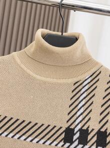 Tween Boy Khaki Plaid Jacquard Knit Sweater, Suitable For Commuting, School, Casual, College, Sports,In Fall/Winter - Khaki - View 3