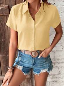 SHEIN LUNE 休闲纯色短袖衬衫 - 黃色 - 查看 3