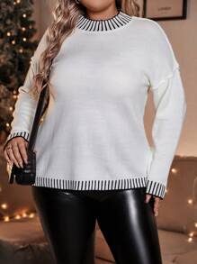SHEIN LUNE Plus Size Striped Printed Mock Neck Casual Pullover Sweater Knit Pullover Fall Winter - Black and White - View 1