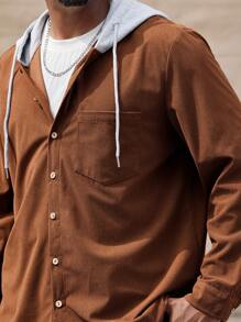Manfinity Homme Men's Plus Size Color Block Button-Up Long Sleeve Hoodie Shirt - Brown - View 3