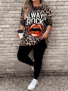 SHEIN LUNE 2 件大码女式卡通图案休闲长袖 T 恤和瑜伽裤套装，适合秋冬季