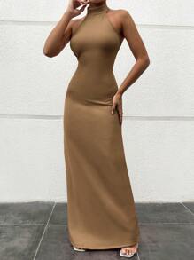 RueChic 女士實色無袖修身連衣裙,腰線設計 - 米色 - 查看 4