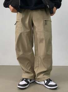 DAZY Pantalones rectos casuales sueltos con diseño de cremallera de unicolor para hombre, otoño