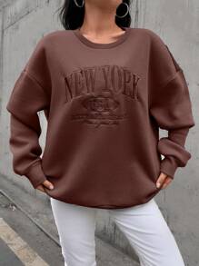 Sudadera con capucha de algodón con bordado de letras, hombros caídos y forro térmico