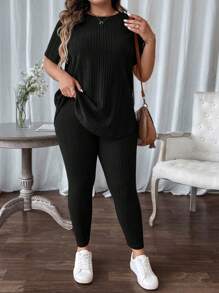 SHEIN LUNE 2pcs Plus Size Ribbed Short Sleeve Top & Casual Pants Set - Black - View 4