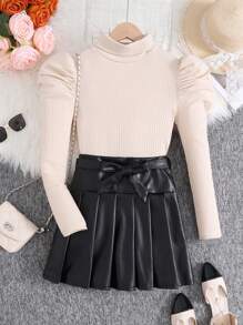 2pcs Tween Girls Set: Ribbed Mock Neck Gigot Sleeve T-Shirt And Bow-Tie PU Pleated Mini Skirt - Apricot - View 1