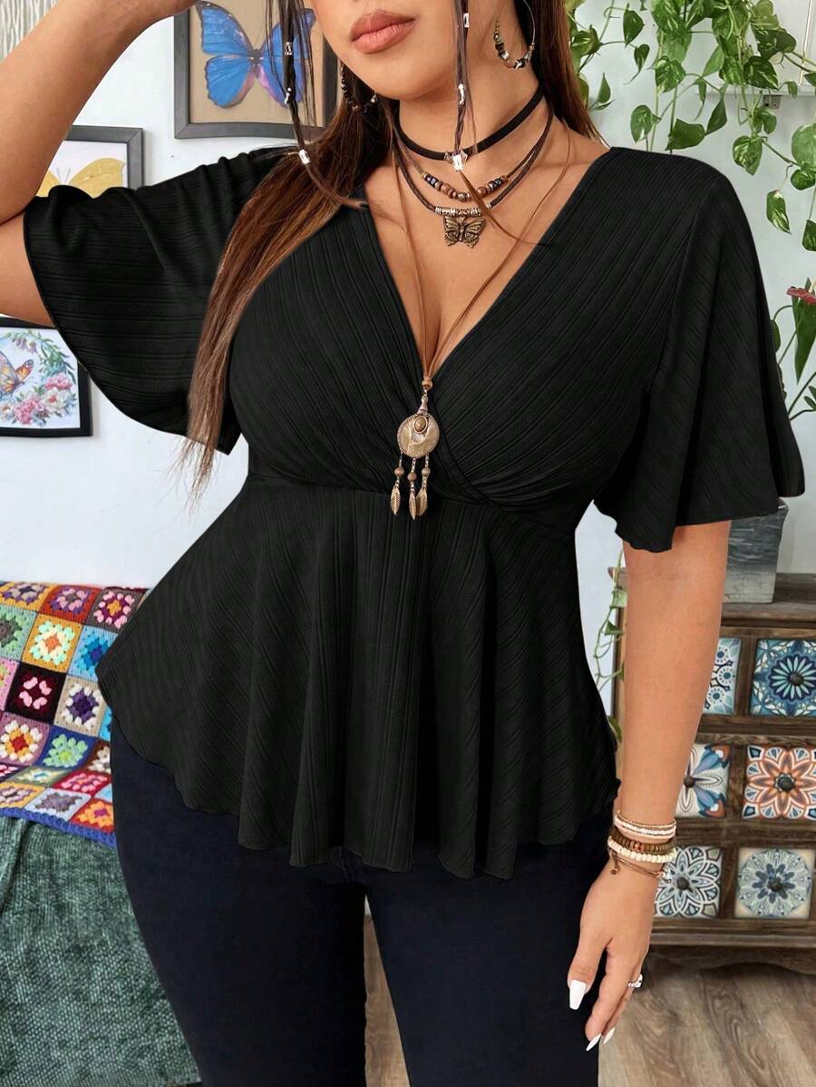 Flirla Plus Size Summer Casual Elegant V-Neck Ruffle Sleeve Short Hem T-Shirt - Black - View 1
