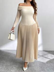 SHEIN Privé Plus Size Elegant Beige Autumn Wedding Guest Commuter Office High-End Date Party Long Sleeve Shoulder Cut Mesh Patchwork A-Line Dress - Apricot - View 5