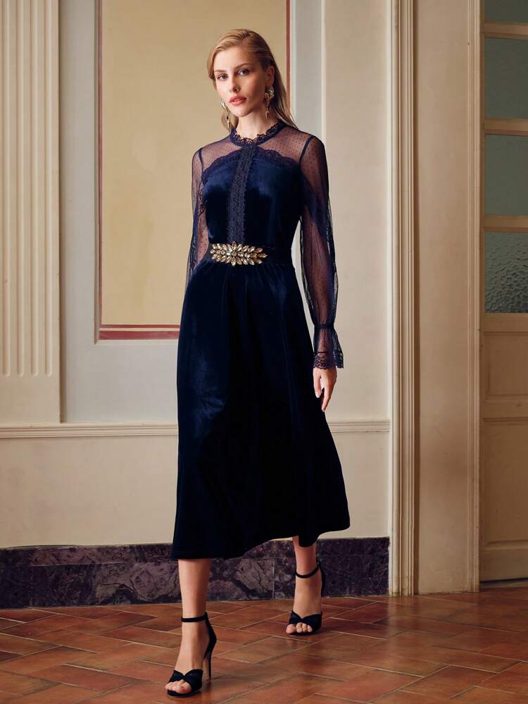 ZEYLAH VELVET DOBBY MESH YOKE LACE DETAIL FLARE SLEEVE DRESS WITHOUT RHINESTONE BELT