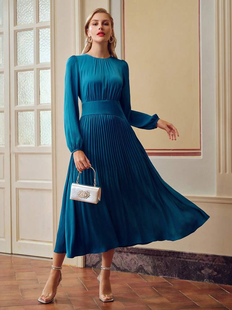 ZEYLAH VESTIDO CON MANGA DE LINTERNA SÓLIDA, BAJO PLISADO
