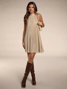 SHEIN BAE 女士纯色拉链无袖简约短款休闲连衣裙 - 卡其色 - 查看 4