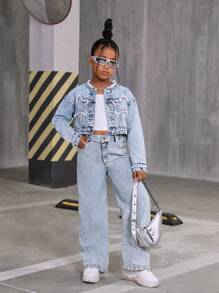 SHEIN Explorewe Áo khoác denim ngắn màu xanh nhạt phong cách Y2K cho bé gái tuổi teen - Rửa trung bình - Xem 4