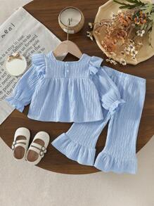 SHEIN 2 piezas Conjunto de top de manga larga y pantalones acampanados de moda para niñas bebé - Celeste - Ver 2
