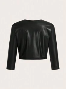 SHEIN Essnce Women's Plain Color PU Leather Pleated 3/4 Sleeve Open Front Cropped Jacket, Spring Autumn - Black - View 2