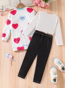 SHEIN Young Girl Casual Cute Heart Print Long Outerwear Coat With Fashionable Knotted Tee And Leggings Set, Autumn - Beige - View 2