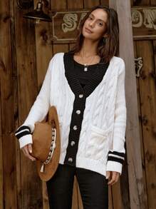 SHEIN LUNE Women's Casual V-Neck Loose Contrast Color Pockets Knitted Cardigan, Autumn/Winter Fall Cloth For Women - Beige - View 3