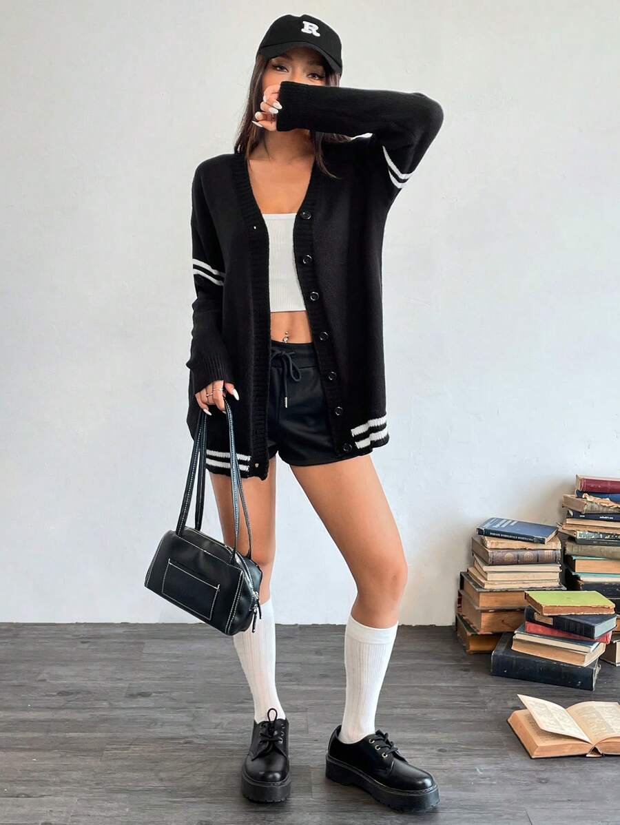 Chiquease 全新 V 领条纹休闲长袖开衫