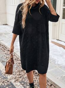 SHEIN LUNE Women's Solid Color Black Long Sleeve Turtleneck Straight Casual Midi Dress, Autumn - Black - View 6