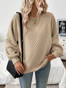 SHEIN Unity 2024 New Vintage Asymmetrical Neckline Textured Sweatshirt Fall Cloth For Women - Apricot - View 3