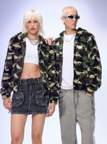 Manfinity VCAY Men's Knit Camo Thermal Lined Raglan Shoulder Hooded Jacket, Suitable For Autumn And Winter - Multicolor - View 6