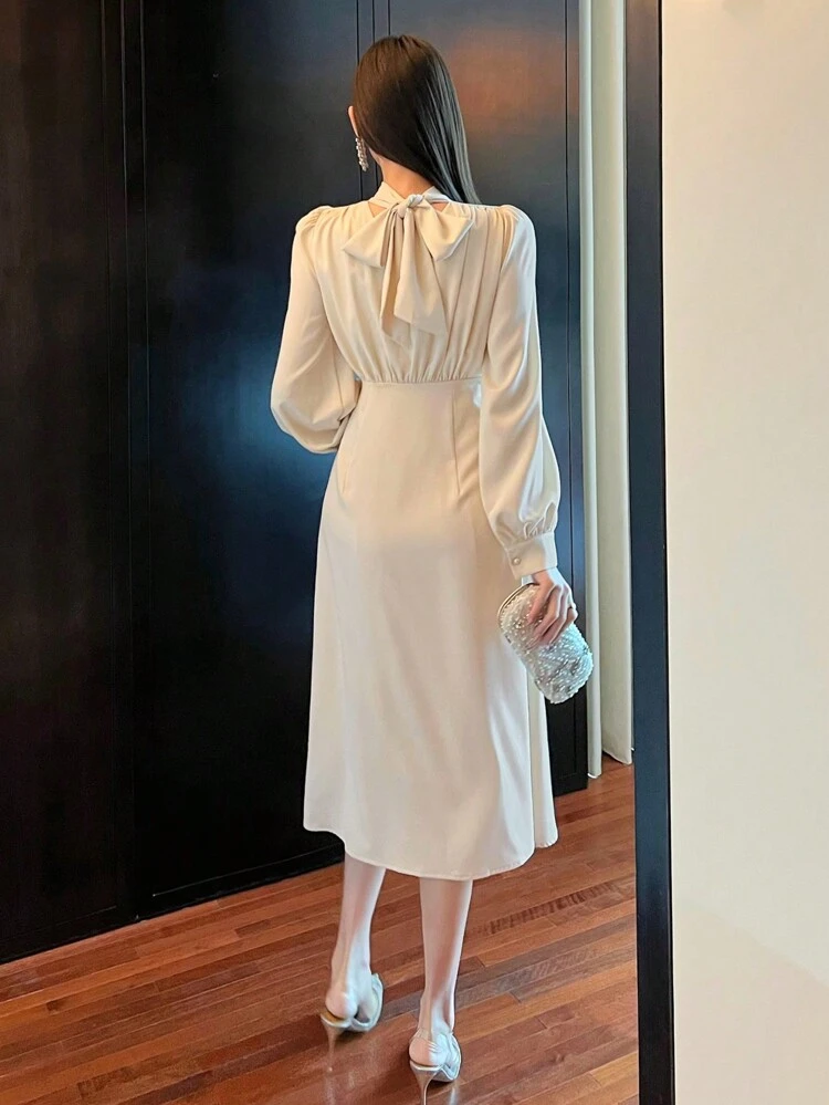 Plain Color Pleated Flounce Collar Long Sleeve Mid-Length Dress For Women, Birthday Prom Dress,Fall Clothes Elegant Women Dresses