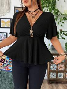 Flirla Plus Size Summer Casual Elegant V-Neck Ruffle Sleeve Short Hem T-Shirt - Black - View 5
