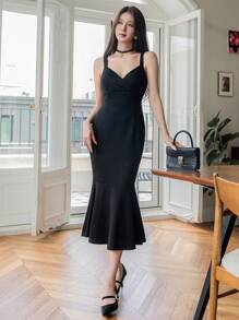 DAZY Vestido de tirantes finos de unicolor minimalista con cola de pez, apto para otoño y verano