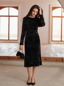 Aveloria Modichic Black Long Sleeve Velvet Sequin Midi Dress, Fashion Party Style Holiday Party Birthday Formal Occassion Dress 