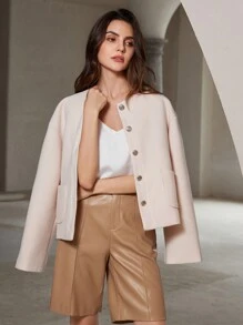 EMERY ROSE Vintage Elegant Round Neck Short Metallic Button Pocket Jacket Fall Cloth For Women - Apricot - View 4