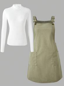 SHEIN 少女 2 件套 宽松灯芯绒背心裙 带口袋 + 白色汗衫 - 彩色 - 查看 7