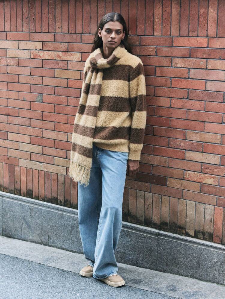 SHEIN Maija 女性用 秋冬 ブラウン カーキ ストライプ柄 タートルネック 長袖 セーター